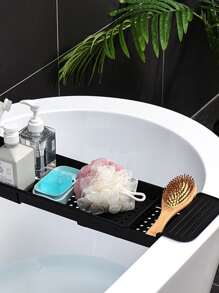 1pc Plastic Bathtub Tray, Minimalist Black Retractable Bathtub Rack For Bathroom - Black - View 3