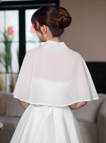 1 capa de chal de gasa blanca para mujer, primavera y otoño, multiusos para vestido de novia, vestido de fiesta, con ribete de cuentas - Blanco - Ver 2