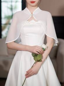 1 capa de chal de gasa blanca para mujer, primavera y otoño, multiusos para vestido de novia, vestido de fiesta, con ribete de cuentas - Blanco - Ver 5