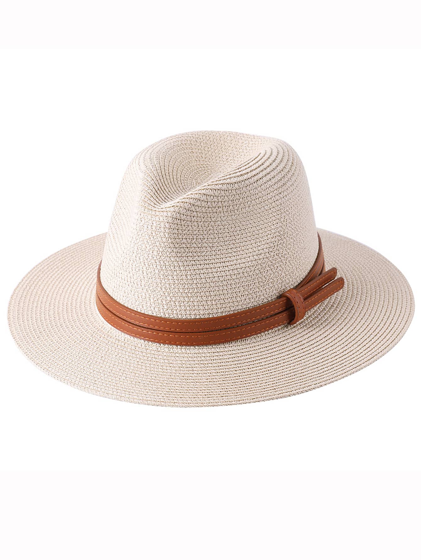 波西米亞風夏季女/男性寬邊沙灘遮陽帽，皮帶裝飾草帽 - 杏色 - 查看 1