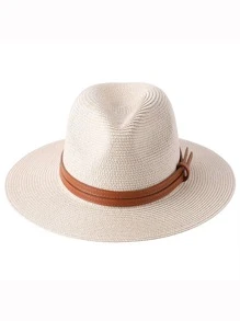 波西米亞風夏季女/男性寬邊沙灘遮陽帽，皮帶裝飾草帽 - 杏色 - 查看 2