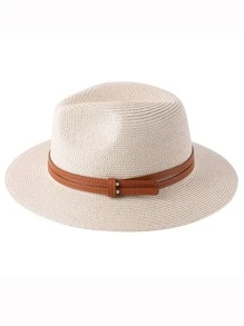 波西米亞風夏季女/男性寬邊沙灘遮陽帽，皮帶裝飾草帽 - 杏色 - 查看 3