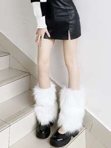 Y2K秋天和冬天白色長毛絨保暖腿套 - 白色 - 查看 1
