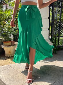 SHEIN Privé Váy nữ Thắt nút Viên lá sen Trọn gói màu trơn Giải trí - màu xanh lá - Xem 1