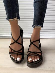 女士交叉厚底時尚黑色夏天露跟涼鞋