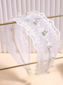 人造珍珠裝飾蕾絲髮箍 - 白色 - 查看 1