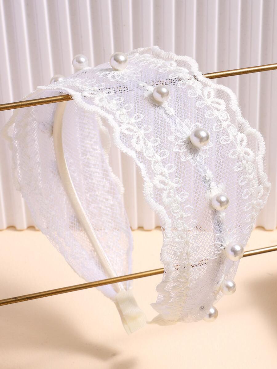 人造珍珠裝飾蕾絲髮箍 - 白色 - 查看 1