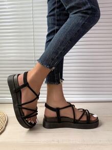 女士交叉厚底時尚黑色夏天露跟涼鞋