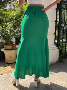 SHEIN Privé Váy nữ Thắt nút Viên lá sen Trọn gói màu trơn Giải trí - màu xanh lá - Xem 2