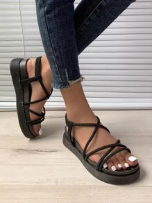 女士交叉厚底時尚黑色夏天露跟涼鞋