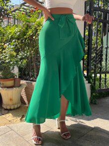SHEIN Privé Váy nữ Thắt nút Viên lá sen Trọn gói màu trơn Giải trí - màu xanh lá - Xem 3