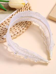 人造珍珠裝飾蕾絲髮箍 - 白色 - 查看 4