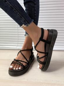 女士交叉厚底時尚黑色夏天露跟涼鞋