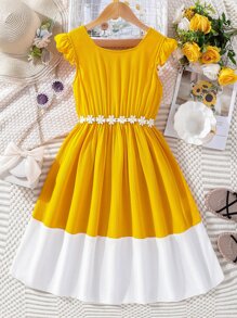 SHEIN Chicas Vestido de dos tonos con diseño aplique ribete con fruncido - Multicolor - Ver 1