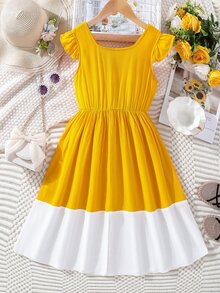 SHEIN Chicas Vestido de dos tonos con diseño aplique ribete con fruncido - Multicolor - Ver 2