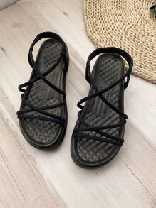 女士交叉厚底時尚黑色夏天露跟涼鞋