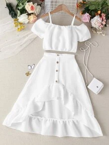 SHEIN Chicas de hombros descubiertos Top crop & ribete con fruncido bajo irregular Falda - Blanco - Ver 1