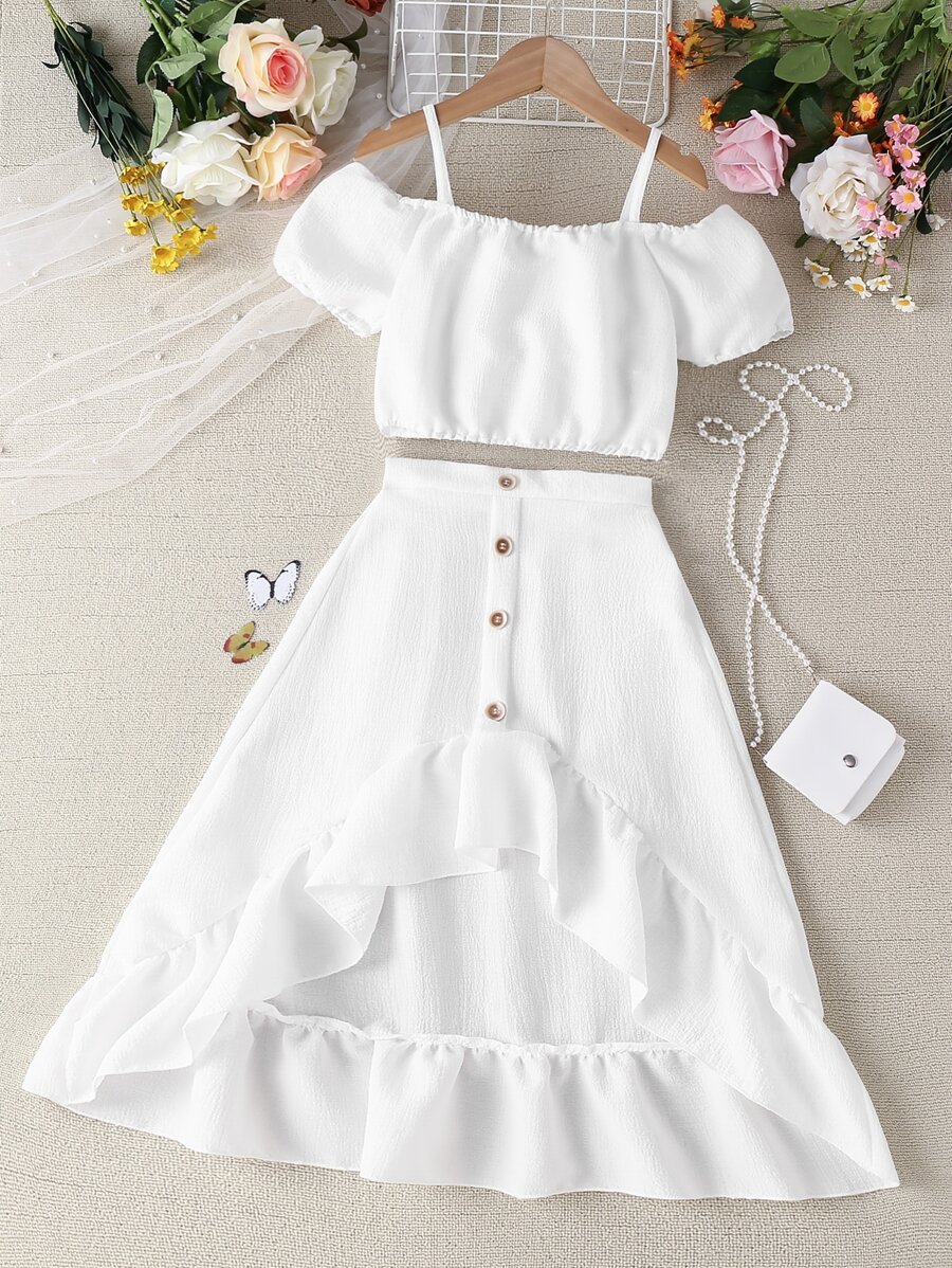 SHEIN Chicas de hombros descubiertos Top crop & ribete con fruncido bajo irregular Falda - Blanco - Ver 1