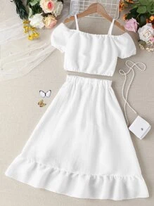 SHEIN Chicas de hombros descubiertos Top crop & ribete con fruncido bajo irregular Falda - Blanco - Ver 2