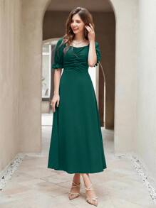 Modelyn Solid Ruched Front Puff Sleeve A-line Dress - Dark Green - View 1