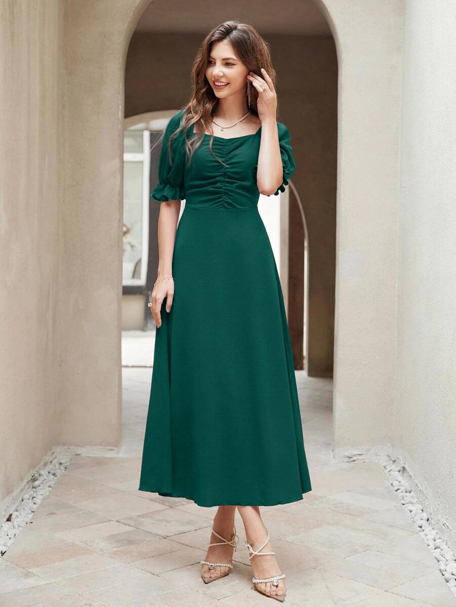 Modelyn Solid Ruched Front Puff Sleeve A-line Dress - Dark Green - View 1