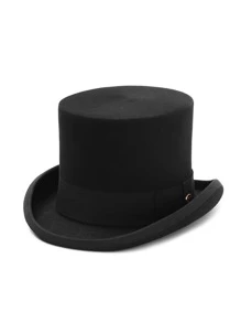 1 sombrero de copa de lana pura negra para hombre, parte superior plana - Negro - Ver 1
