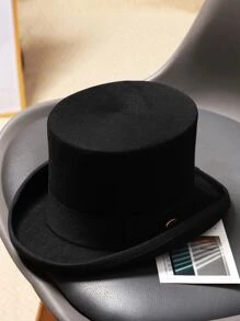 1 sombrero de copa de lana pura negra para hombre, parte superior plana - Negro - Ver 2