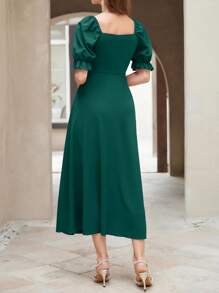 Modelyn Solid Ruched Front Puff Sleeve A-line Dress - Dark Green - View 2