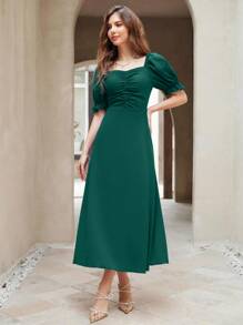 Modelyn Solid Ruched Front Puff Sleeve A-line Dress - Dark Green - View 3
