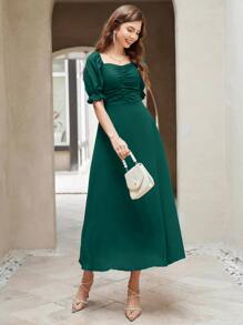Modelyn Solid Ruched Front Puff Sleeve A-line Dress - Dark Green - View 4