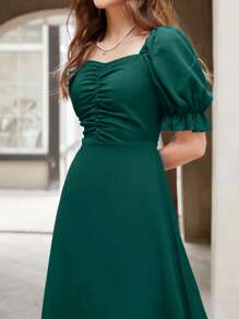 Modelyn Solid Ruched Front Puff Sleeve A-line Dress - Dark Green - View 5