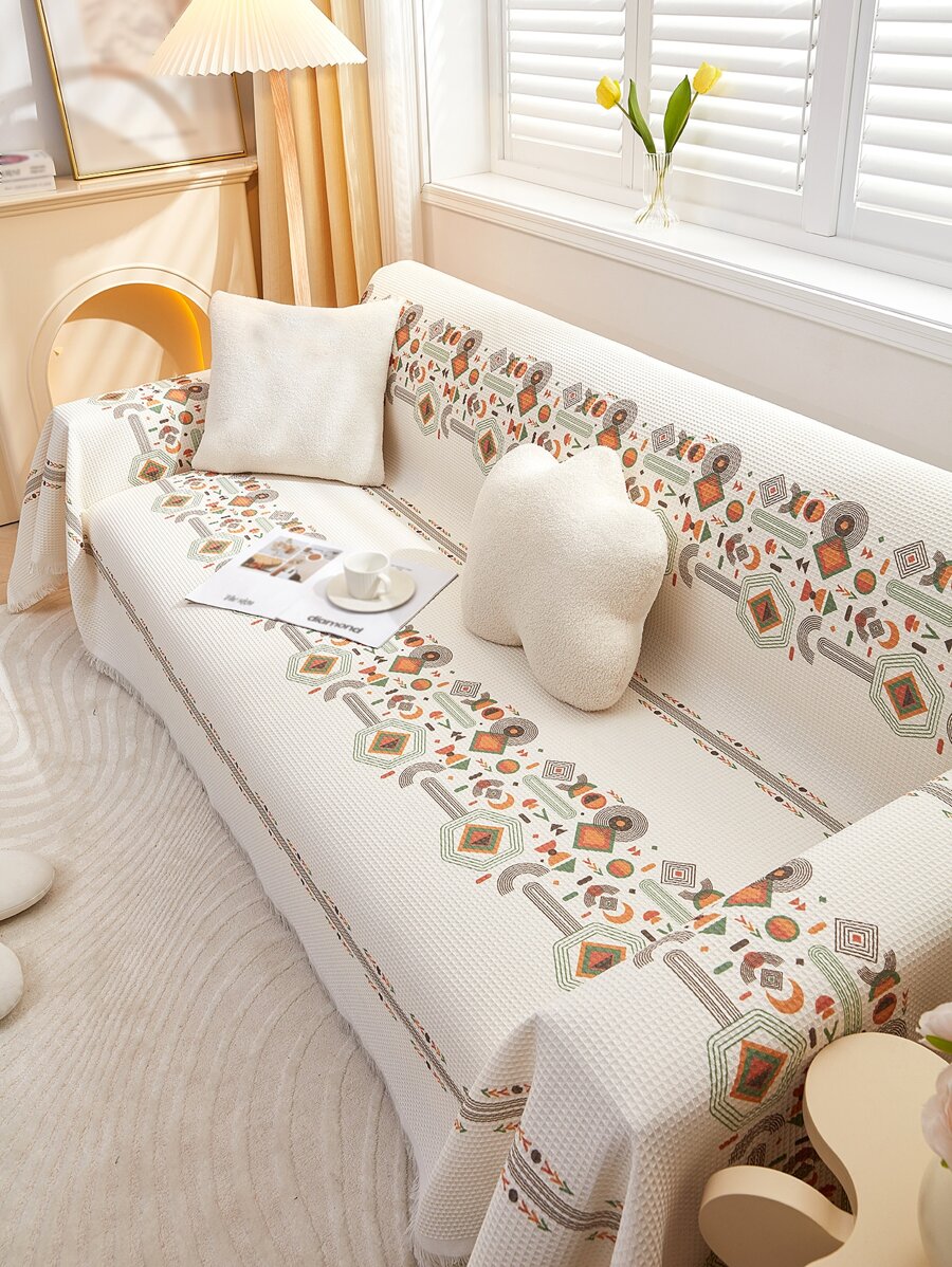 1入組幾何圖案沙發巾現代滌綸原邊防滑毛巾套四季皆宜 - 米色 - 查看 1