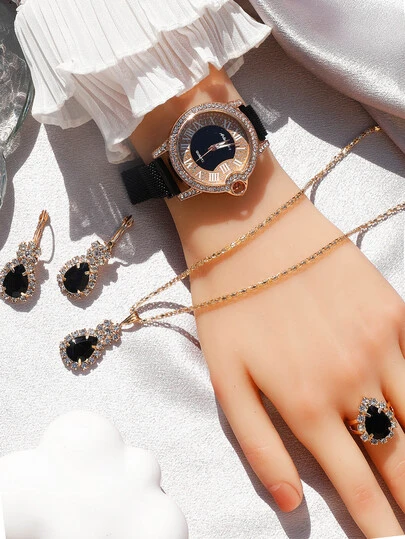 1 pieza con diseño de diamante de imitación Reloj cuarzo & 4 piezas Set joya