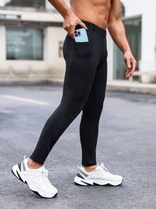 Men Solid Sports Tights With Phone Pocket - Black - View 1