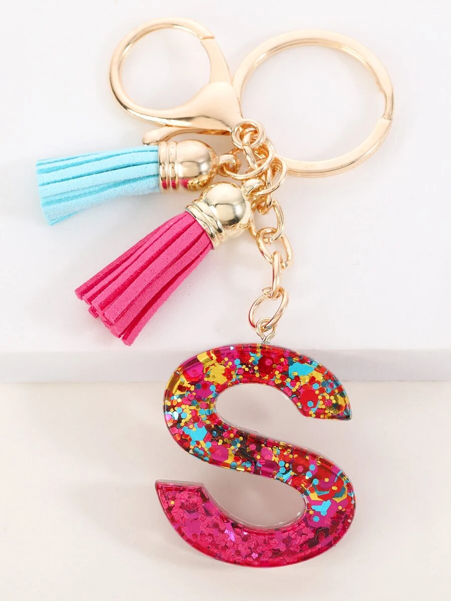Tassel & Letter Charm Keychain - Multicolor - View 1