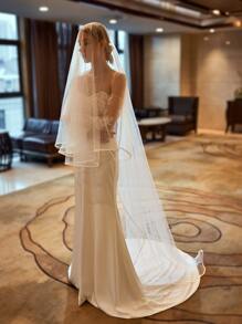 1pc Contrast Binding Floor-Length Bridal Veil Long Veil For Formal Wedding,For Church Wedding - White - View 3