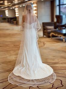 1pc Contrast Binding Floor-Length Bridal Veil Long Veil For Formal Wedding,For Church Wedding - White - View 2