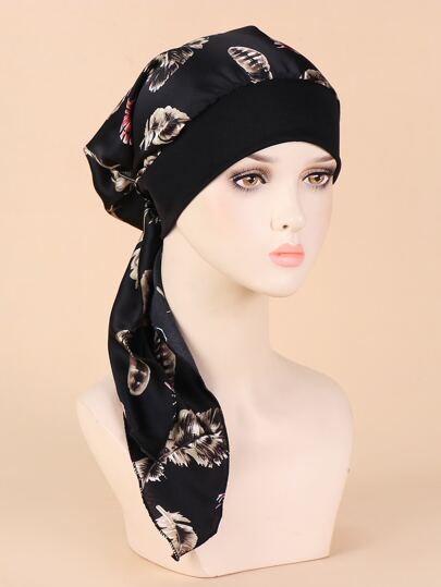 Feather Print Head Wrap Silk Bonnet Satin Bonnet