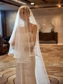 1pc Contrast Binding Floor-Length Bridal Veil Long Veil For Formal Wedding,For Church Wedding - White - View 5