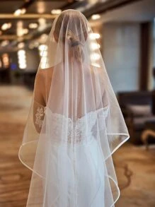 1pc Contrast Binding Floor-Length Bridal Veil Long Veil For Formal Wedding,For Church Wedding - White - View 6