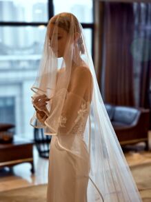 1pc Contrast Binding Floor-Length Bridal Veil Long Veil For Formal Wedding,For Church Wedding - White - View 4