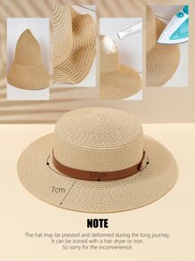 1 chiếc mũ rơm phẳng dây da phong cách Anh cổ điển màu kaki, thích hợp cho trang phục thường ngày ngoài trời - Màu be - Xem 4