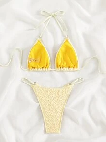 Bộ bikini đi biển mùa hè hình tam giác dây rắn - Màu vàng - Xem 2