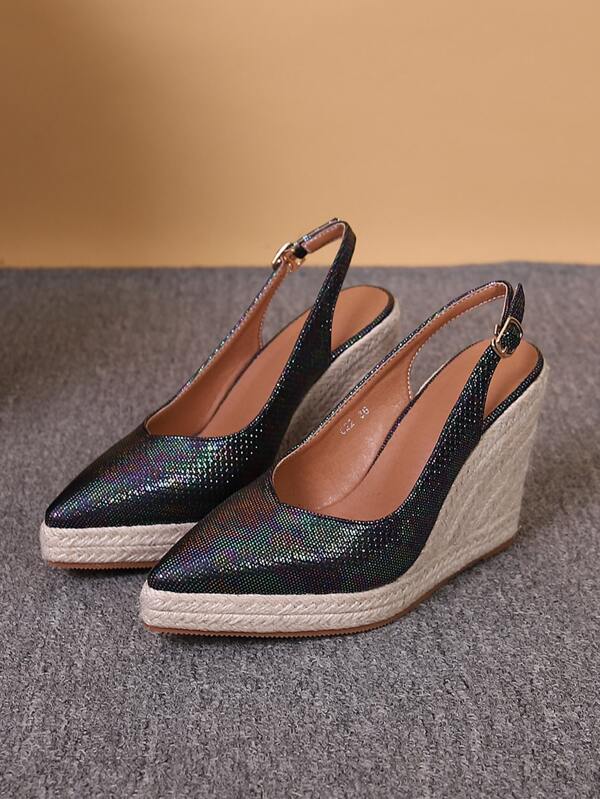 Women Holographic Espadrille Sole Point Toe Wedge Shoes, Vacation