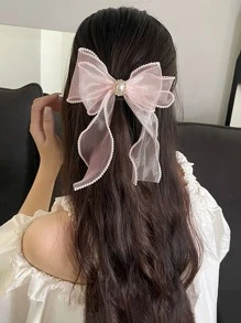 Bow Decor Hair Clip For Daily Use For Girls Hairstyles Casual Elegant Valentine's Day Valentines Claw Clips Hair Claws Hair Barrettes, School Stuff, College, Pink Hair Clips, Faux Pearl Hair Accessories, Bows, Cute, Looks Of Party