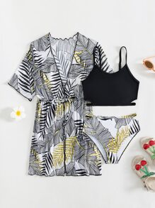 Conjunto de bikini con estampado tropical y kimono a juego para niña preadolescente, verano playa - Multicolor - Ver 5
