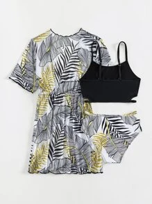 Conjunto de bikini con estampado tropical y kimono a juego para niña preadolescente, verano playa - Multicolor - Ver 2