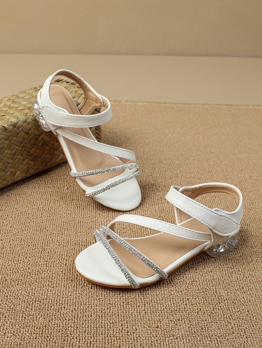 Girls Rhinestone Decor Chunky Heeled Ankle Strap Sandals, Glamorous Outdoor Heeled Sandals - White - View 1