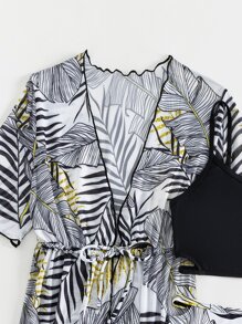 Conjunto de bikini con estampado tropical y kimono a juego para niña preadolescente, verano playa - Multicolor - Ver 3