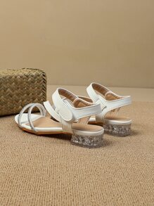 Girls Rhinestone Decor Chunky Heeled Ankle Strap Sandals, Glamorous Outdoor Heeled Sandals - White - View 2